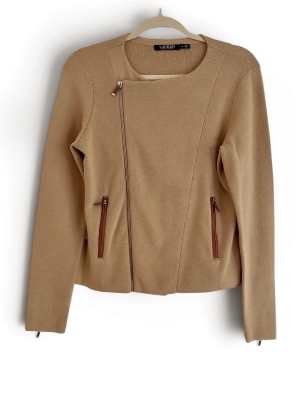 Ralph Lauren Long Sleeve Sweater with Leather Detail Angle Zip